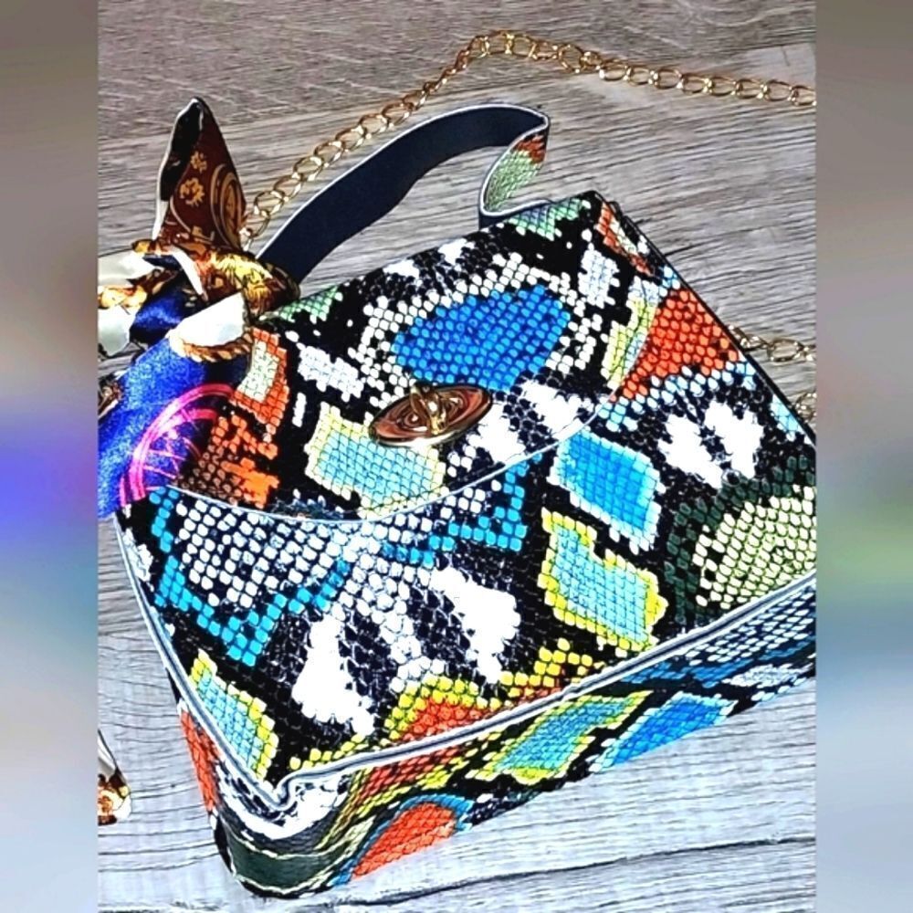 Women's Mini Snakeskin Embossed Handbag, Twilly Scarf Decor Flap Square Purse